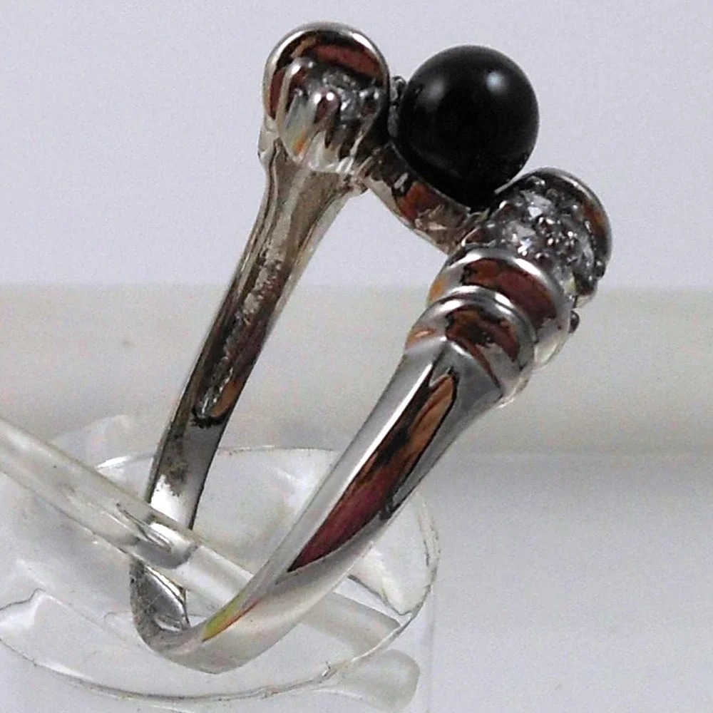 Vintage 90s Black Onyx Bead Bypass Ring 925 Sterling Silver CZ‎ Size 8 15mm Wide